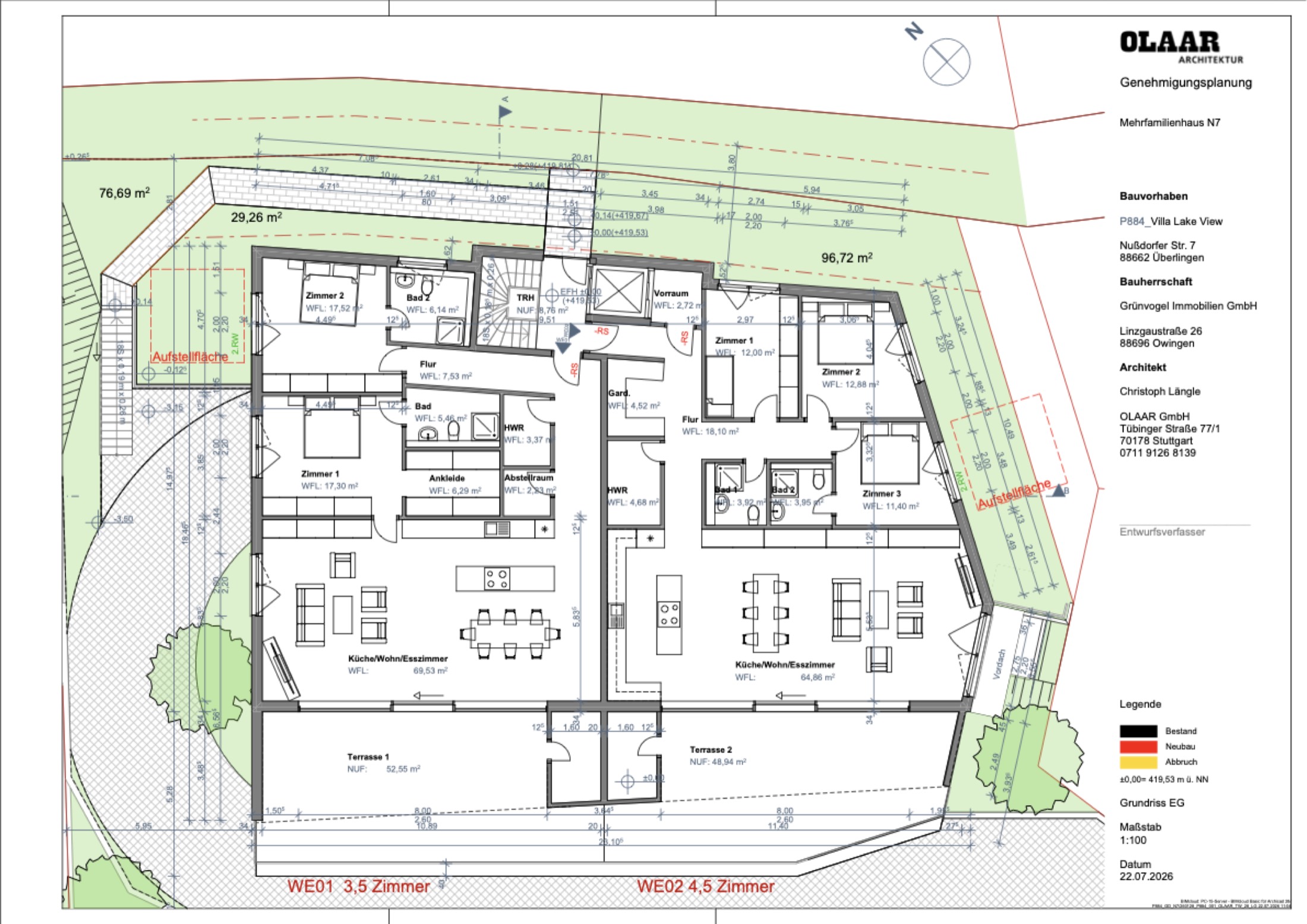 Grundriss Erdgeschoss mit Wohnung 1 und Wohnung 2