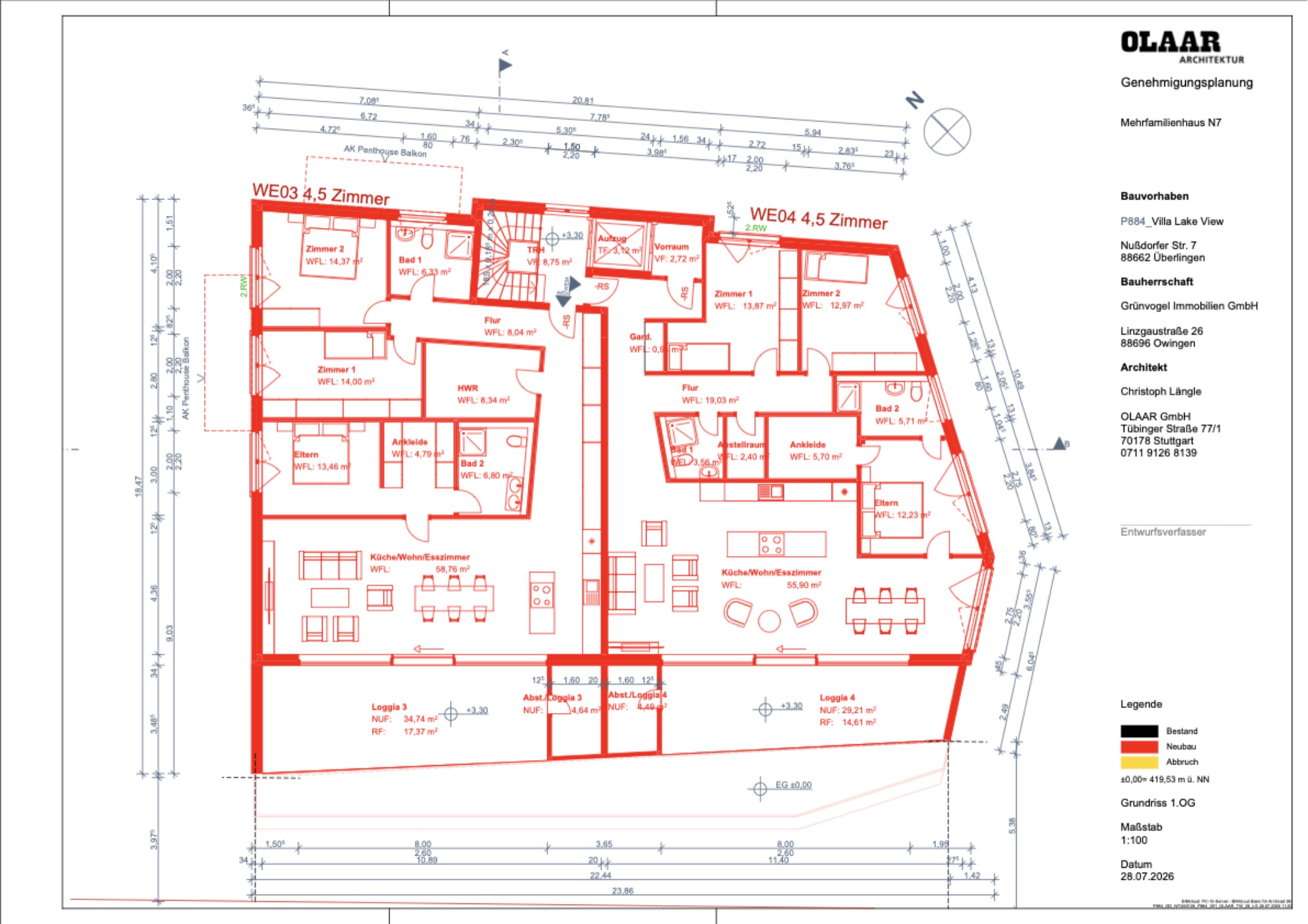 Grundriss 1. Obergeschoss mit Wohnung 3 und Wohnung 4